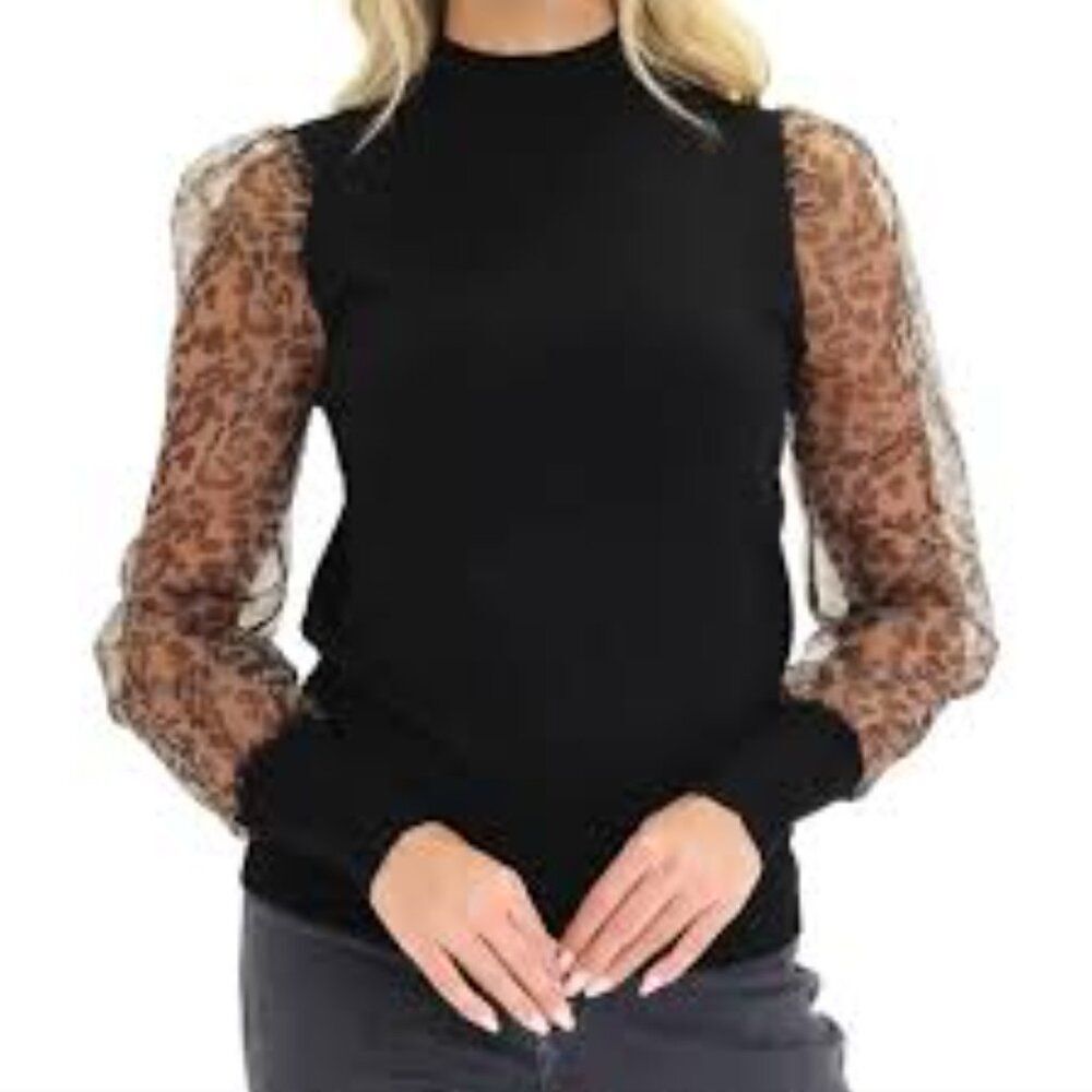 Sioni Mock Neck Puff Long Sheer Animal Print Sleeve & Black Sweater Size Small